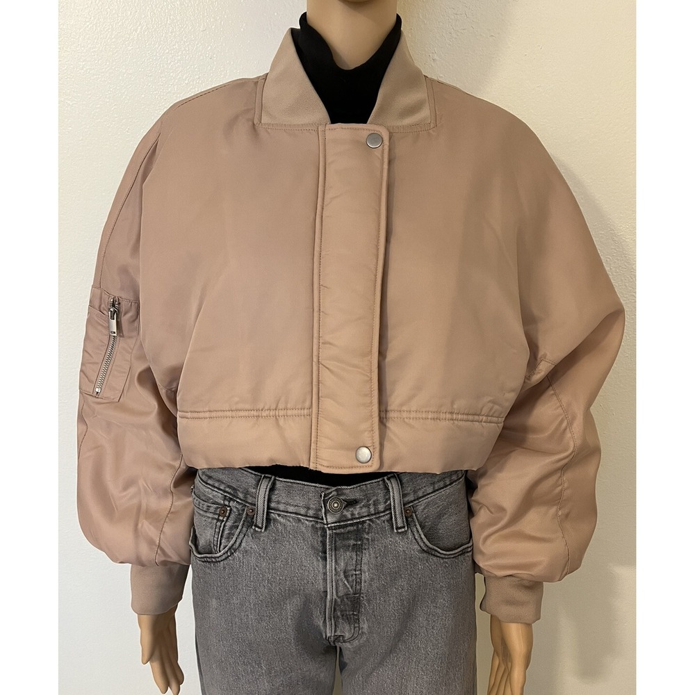 Forever 21 Womens Ruched Zipper Cropped Utility Jacket Size M Beige Nylon Y2K